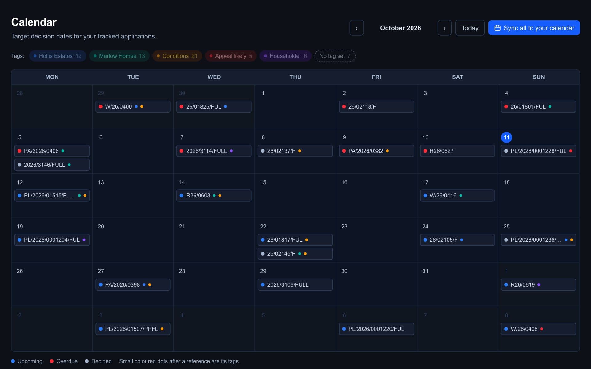 The PlanPulse calendar showing target decision dates for tracked planning applications