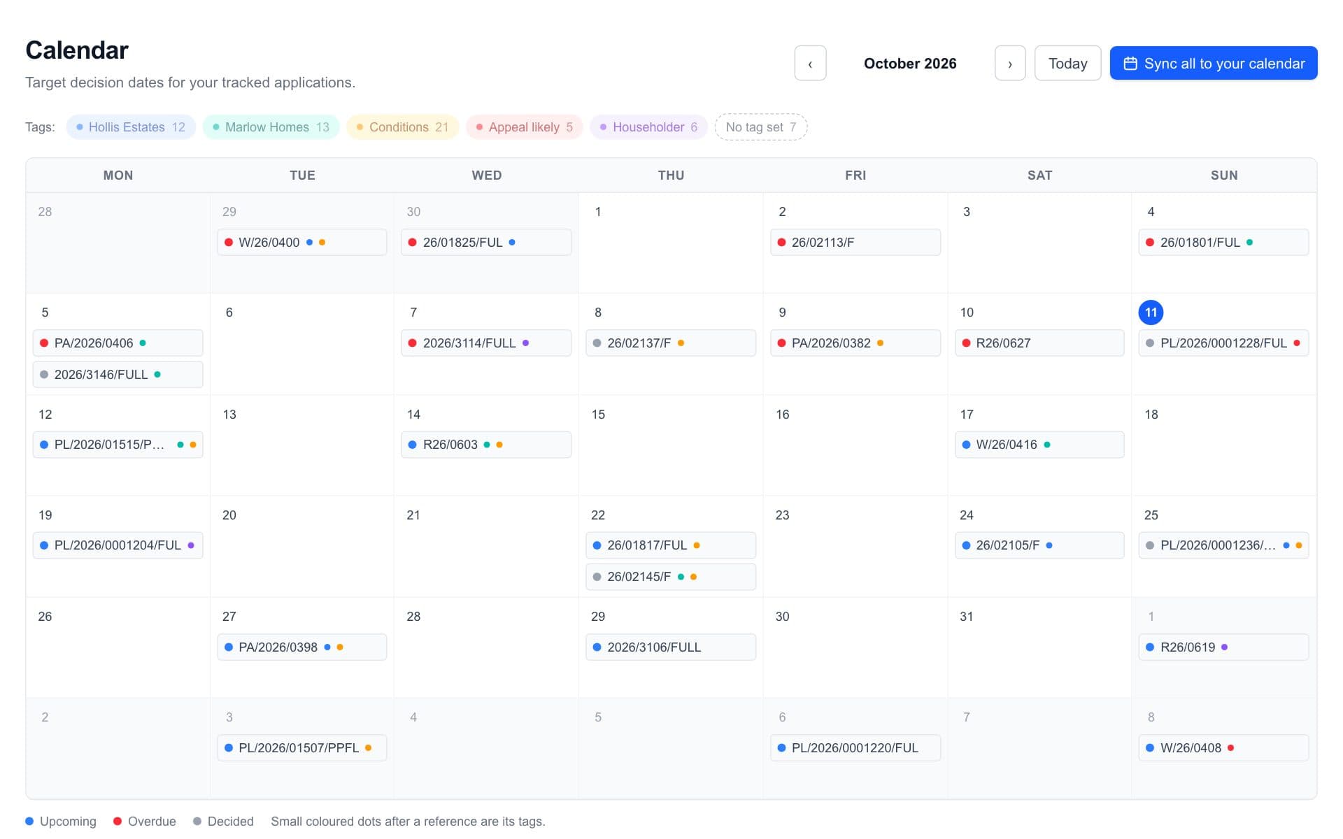 The PlanPulse calendar showing target decision dates for tracked planning applications