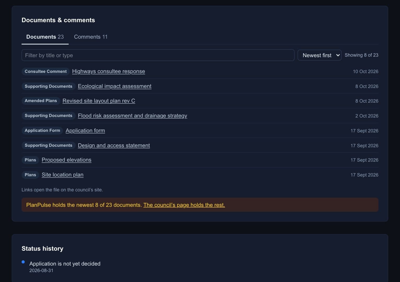 An application’s Documents & comments card listing its documents by type and date