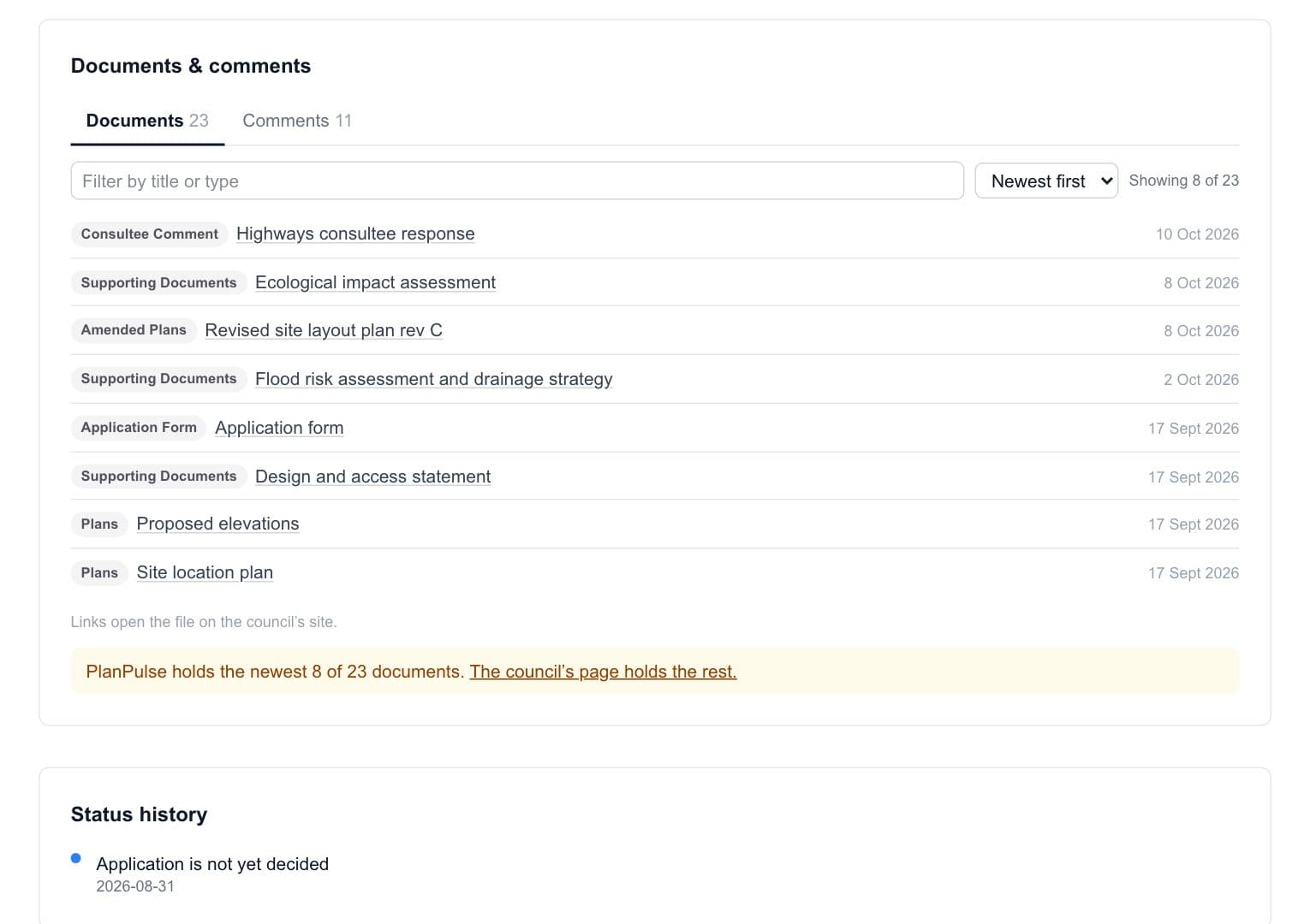 An application’s Documents & comments card listing its documents by type and date