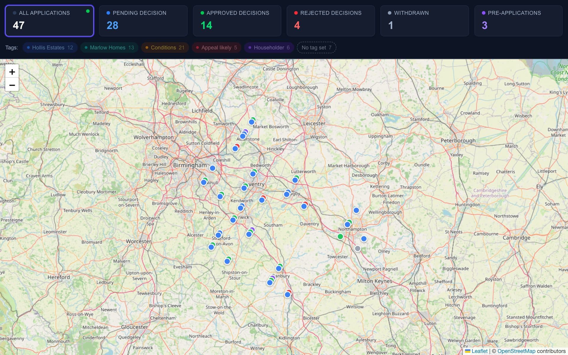 The PlanPulse map plotting tracked planning applications as pins coloured by status