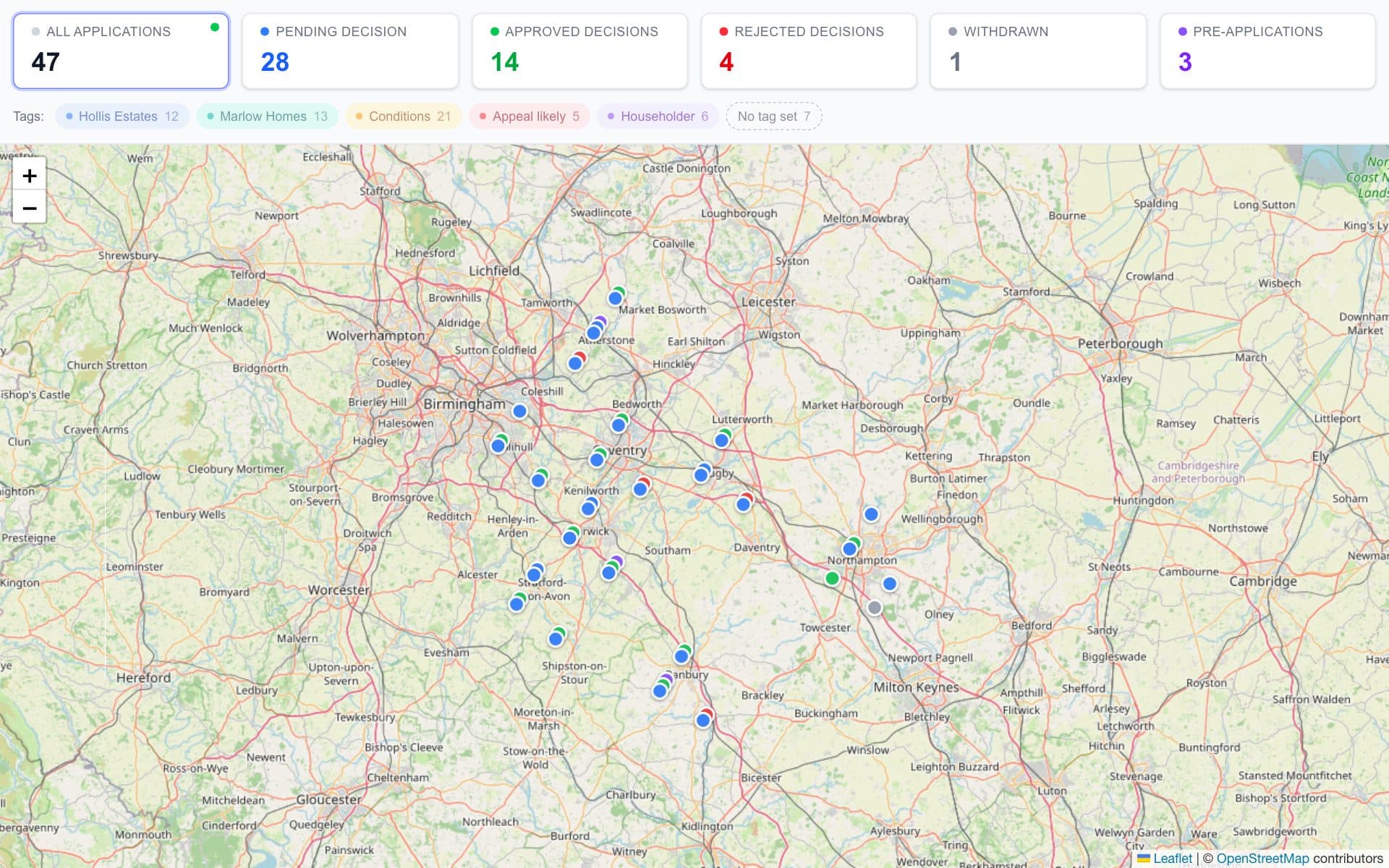 The PlanPulse map plotting tracked planning applications as pins coloured by status