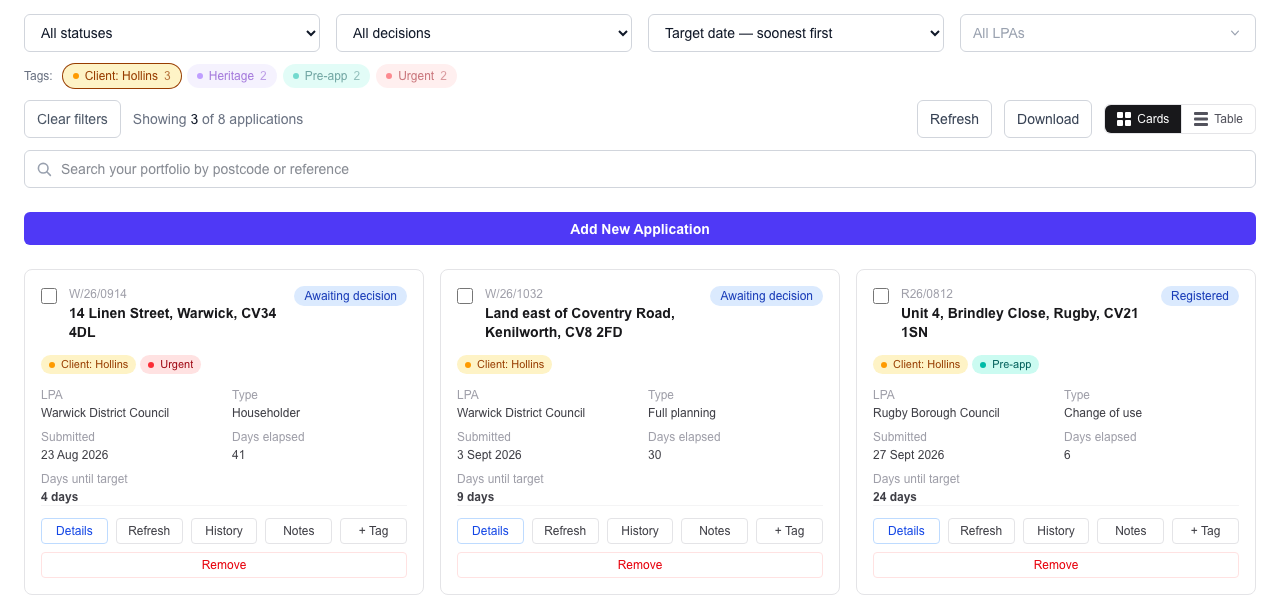 The Dashboard filters with a Tags row underneath. The Client: Hollins tag is selected, and the page shows 3 of 8 applications, each carrying the Client: Hollins tag.